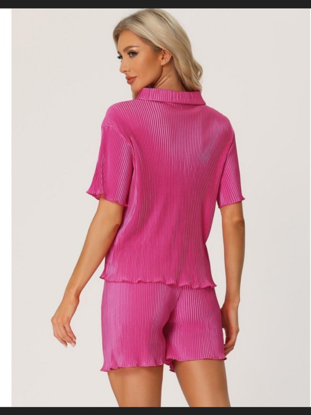 Cheibear Women’s Pink Ribbed Short Pajama Set - Picture 4 of 7